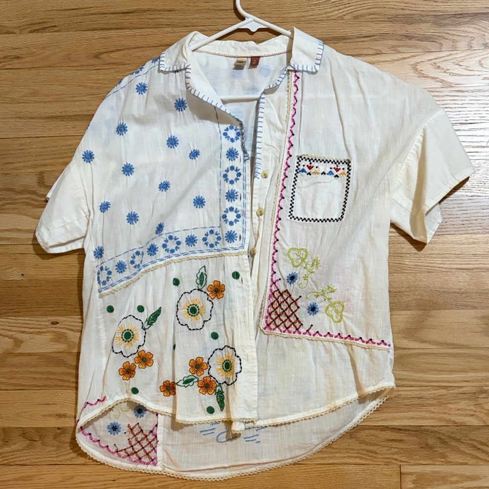 Embroidered Patchwork Short Sleeve Button-Up - image 1